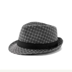Classic gray plaid fedora hat with black ribbon, British style wool-like jazz cap for unisex