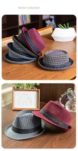 Close-up of vintage plaid fedora hats in wool felt with stylish black ribbon bands