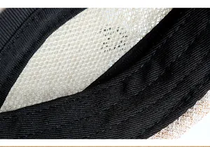 Detailed macro shot of breathable honeycomb mesh lining and woven ribbing on a men's linen cap