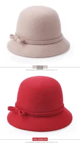 Λεπτομέρεια από μάλλινα καπέλα cloche σε χακί και κόκκινο με κομψούς φιόγκους