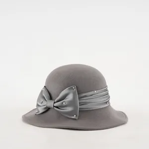 Cappello a Campana Vintage in Lana da Donna Elegante Cappello in Feltro Con Fiocco in Raso Künstliche Perle Strass per Matrimonio