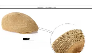 Detailed close-up of khaki woven mesh texture and curved brim of the summer flat cap