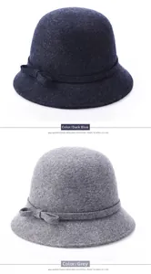 Λεπτομέρεια από μάλλινα καπέλα cloche σε μπλε και γκρι με κομψό διακοσμητικό φιόγκο