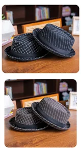 Detail view of vintage pinstripe and diamond pattern wool fedora hats for men