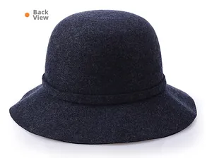 Back view of a navy blue wool felt bucket hat showing its smooth texture and rounded crown