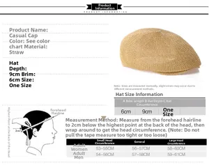 Sizing chart for breathable straw sun hat with measurements for depth brim and head size