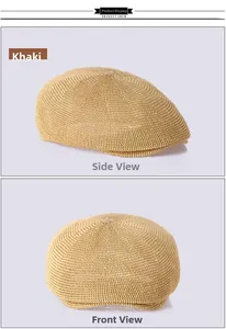 Dual view of khaki woven breathable beret hat showing front and side profile details
