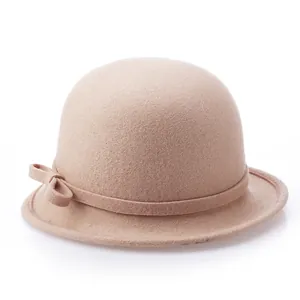 Elegant beige wool felt fedora hat featuring a round crown and a side bow decoration