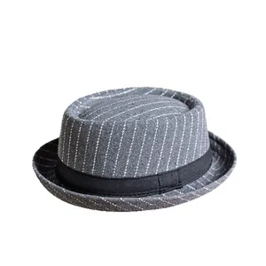 Classic grey pinstripe pork pie hat with black ribbon band and vintage wool texture
