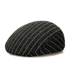 Classic black and white pinstripe linen ivy cap for middle-aged men outdoors