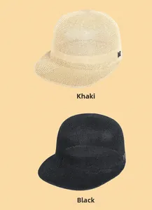 Detail of mesh knit equestrian hats in khaki and black with minimalist M logo