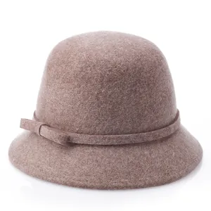 Women Wool Felt Cloche Hat Vintage Bowtie Round Top Winter Warm Bucket Hat Elegant Lady Fedoras Church Party Hat