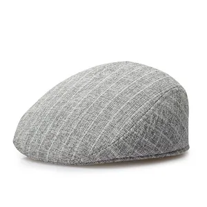 Minimalist light grey linen flat cap for men with a classic textured weave pattern