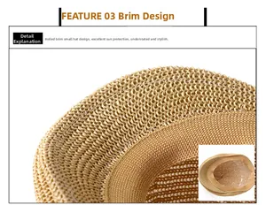 Detail of a natural woven trilby hat featuring a stylish rolled short brim design