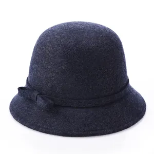 Classic dark blue wool cloche hat for women featuring a side bow and elegant vintage style