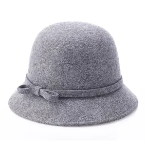 Classic grey wool cloche hat for women with a subtle side bow on a white background