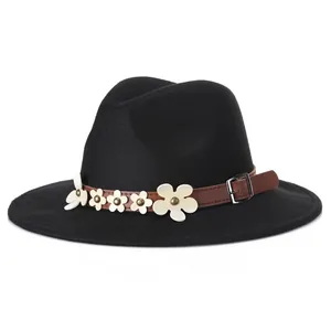 Cappello Fedora in Lana Vintage da Donna Con Fibbia a Cintura Floreale Stile Britannico Tesa Larga Jazz per Inverno Autunno