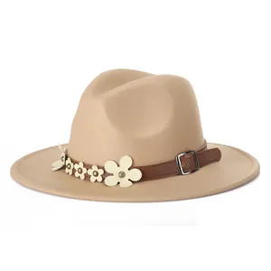 Khaki wool fedora hat with a brown belt and five small white flowers decoration
