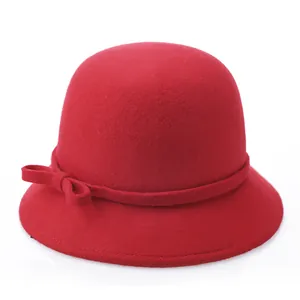 Classic red wool cloche hat for women with a round crown and elegant bow decoration
