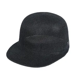 Women's black woven linen sun hat with breathable mesh and silver M logo detail