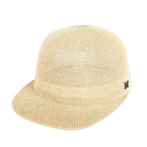 Summer woven linen straw equestrian sun hat for women with stylish M metal logo