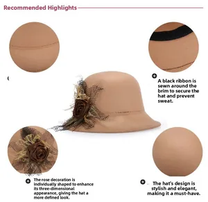 Detail of camel wool felt cloche hat showing interior sweatband and floral mesh decor