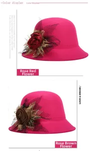 Detail of wool felt cloche hats with decorative silk roses and elegant black mesh veils
