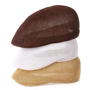 Set of three breathable woven beret hats in dark brown, white and khaki mesh design