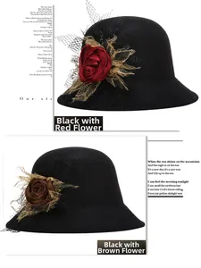 Detail of wool cloche hats with decorative fabric roses in black, red and brown colors