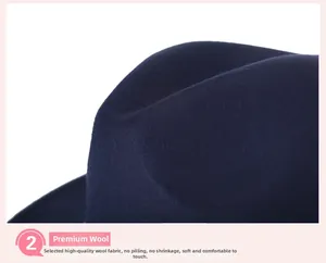 Nahaufnahme des dunkelblauen Wollfilz-Fedora mit weicher Textur und feinem Material