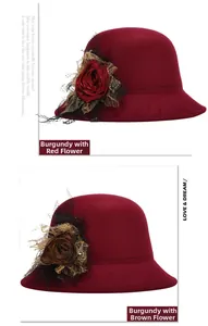 Detail of wool cloche hats with decorative fabric roses and elegant lace mesh accents