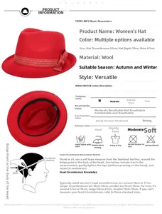 Detailed size chart for red wool fedora hat with dimensions and head measurement guide