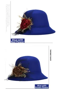 Close-up of royal blue cloche wool hats with floral roses and mesh veil details