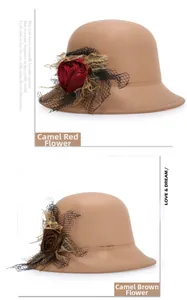 Detail of camel wool fedora hat featuring elegant silk roses and delicate lace mesh veil
