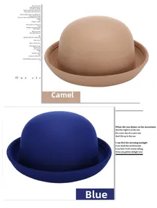 Close-up of wool felt bowler hats in camel and blue colors with vintage round dome style
