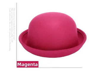 Detail of rose red wool felt round hat with seamless brim and soft texture finish