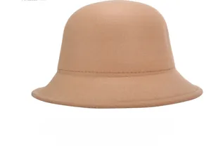 Close-up detail of a camel wool felt cloche hat with decorative stitching on brim