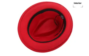 Internal view of red fedora hat with adjustable strap and 100% polyester fabric label