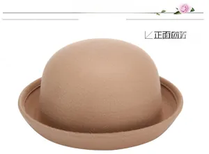 Front view of a minimalist camel wool felt bowler hat with a curved brim for women