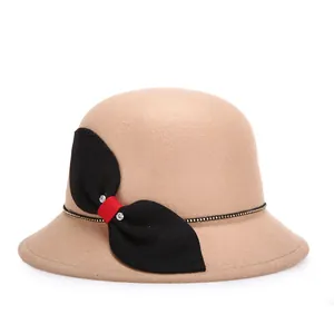 Cappello Cloche da Donna Elegante in Feltro di Lana Cappello a Secchiello Vintage Con Grande Fiocco Catena di Strass
