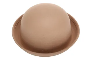 Detailed view of khaki wool felt bowler hat with smooth texture and vintage design