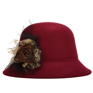 Vintage Women Woolen Felt Cloche Hat With Satin Rose Flower Mesh Veil Elegant Winter Fedora Church Hat Party Headwear