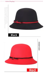 Vertical display showing black and red vintage cloche hats with decorative ribbon bands