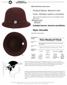 Detail view of burgundy wool cloche hat showing interior and 61cm circumference measurements
