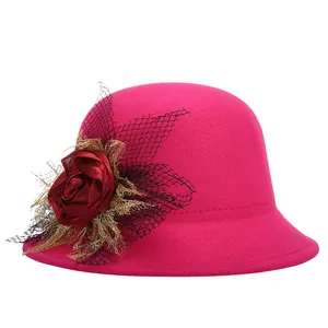 Elegant rose red wool felt cloche hat for women with floral ribbon and black mesh veil
