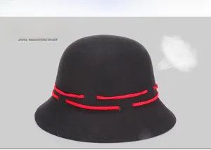 Detail of breathable wool felt cloche hat with red stitching and steam effect