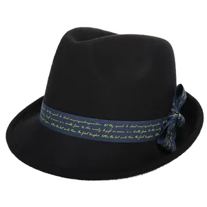 Vintage Faux Woolen Fedora Hat For Women Elegant British Style Jazz Cap With English Print Ribbon Bowknot Wide Brim Autumn Winter Hat