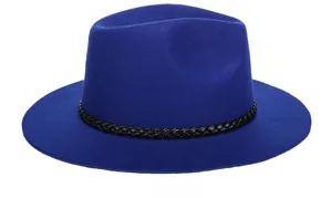 Vista posteriore di un cappello fedora in lana blu reale con fascia decorativa in pelle
