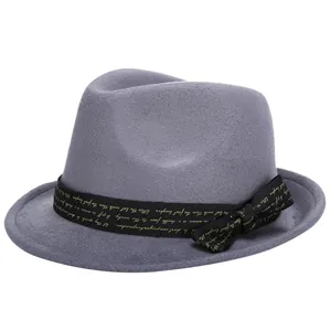 Classic light grey wool felt fedora hat with black decorative gold letter ribbon