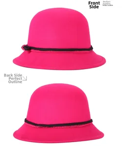 Detailed views of rose pink felt cloche hat showing side and back angles with black bow